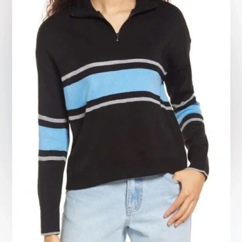 BP. Womens Black Blue Mock Neck Quarter Zip Stripe Sweater Size L Preppy NWT